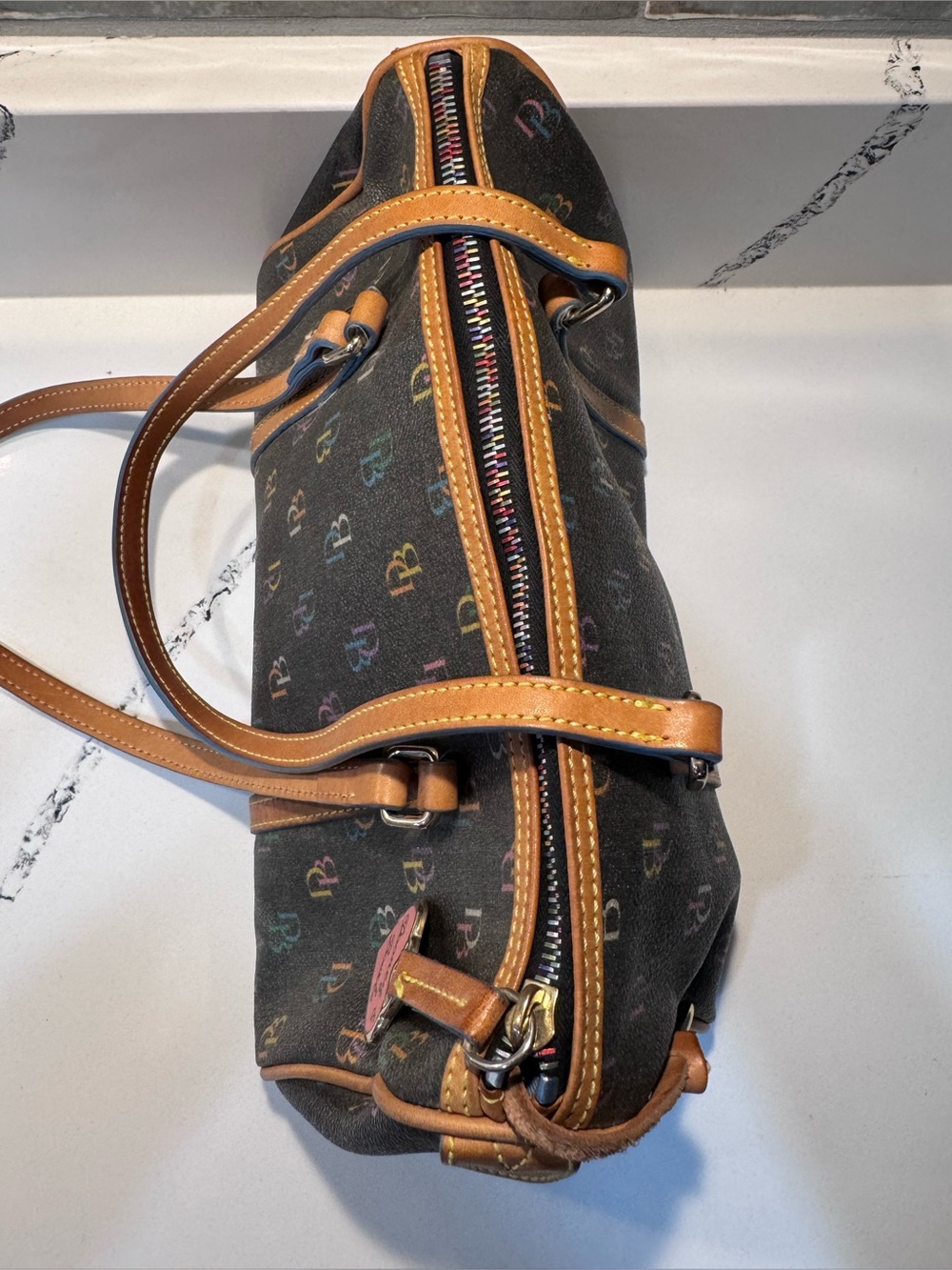 Dooney & Bourke Multicolor DB Monogram Bowler Shoulder Bag Heart Charm - Picture 9 of 15